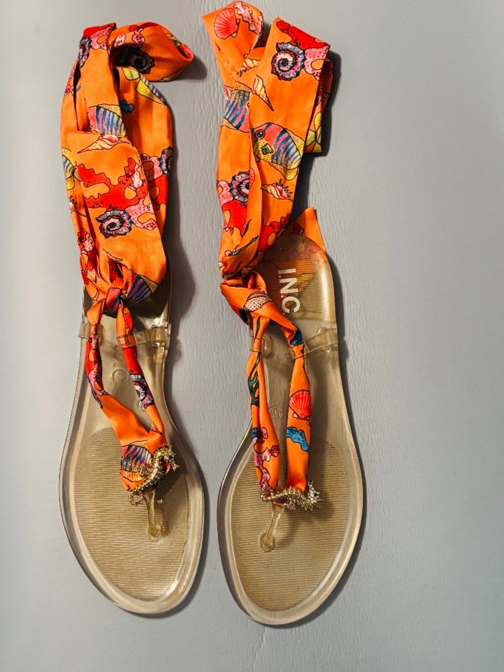 INC International Orange Scarf Tie Slip On Thong Sandals Clear Multi Sz 10